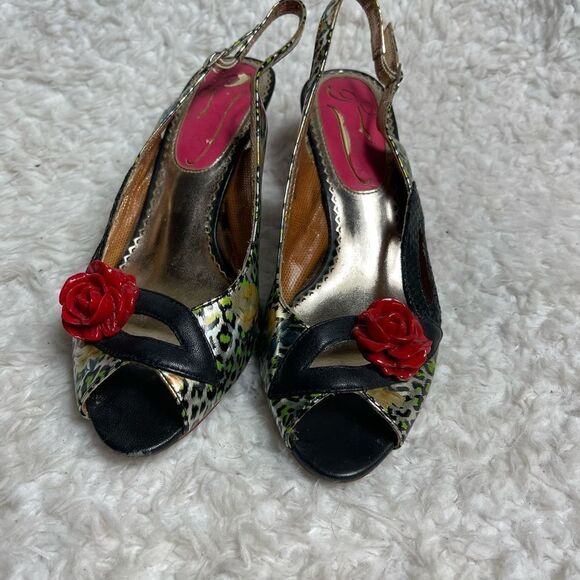 Poetic Licence License Tea Party Leopard Red Rose Peep Toe Heels Size 8 - Picture 2 of 8